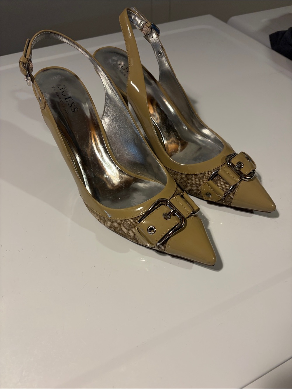 GUESS Olive-Tan Pointed Slingback Heels with Buckle Detail